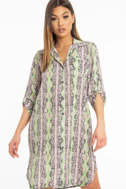 Rebellious Fashion Lime Green Snake Print Oversized Shirt Dress - Joselynn
