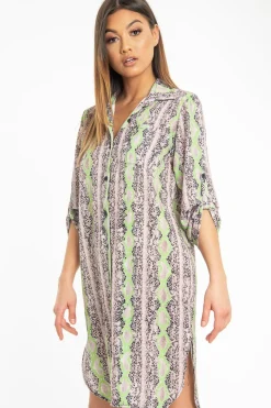 Rebellious Fashion Lime Green Snake Print Oversized Shirt Dress - Joselynn