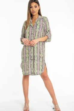Rebellious Fashion Lime Green Snake Print Oversized Shirt Dress - Joselynn
