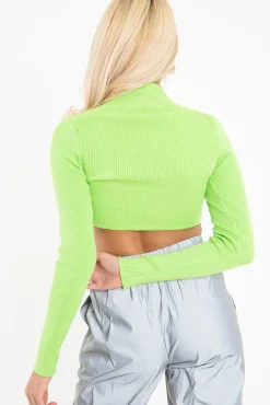 Rebellious Fashion Lime Half Zip Rib Crop Jumper - Elisea