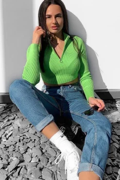 Rebellious Fashion Lime Half Zip Rib Crop Jumper - Elisea