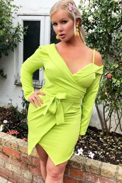 Rebellious Fashion Lime Off The Shoulder Bodycon Blazer Dress - Halia
