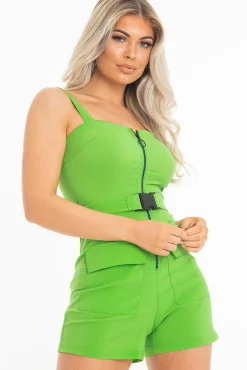 Rebellious Fashion Lime Plunge Belted Waist Sleeveless Playsuit - Kerstyn
