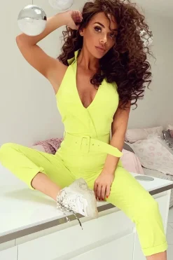 Rebellious Fashion Lime Plunge Front Belted Jumpsuit - Mykel