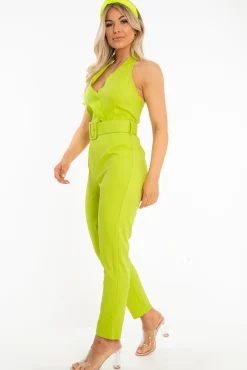 Rebellious Fashion Lime Plunge Front Belted Jumpsuit - Mykel