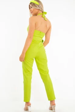 Rebellious Fashion Lime Plunge Front Belted Jumpsuit - Mykel