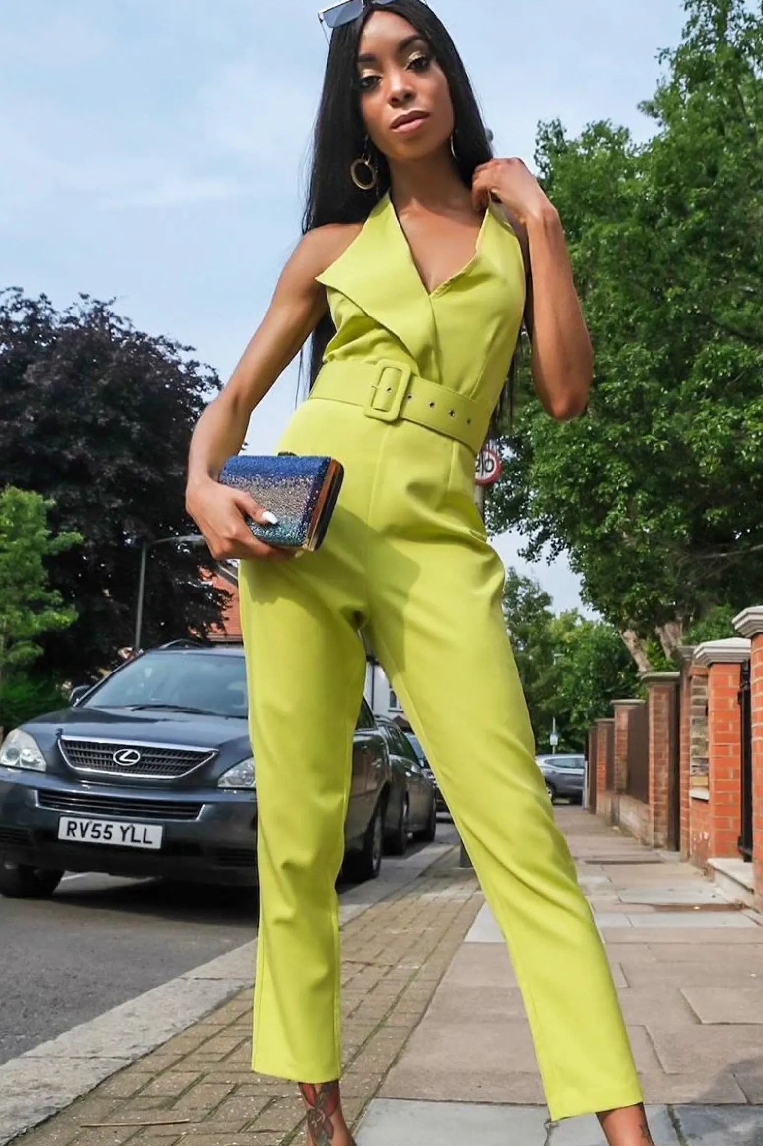 Rebellious Fashion Lime Plunge Front Belted Jumpsuit - Mykel