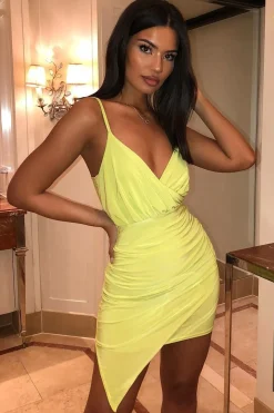 Rebellious Fashion Lime Plunge Wrap Front Slinky Mini Dress - Cressie