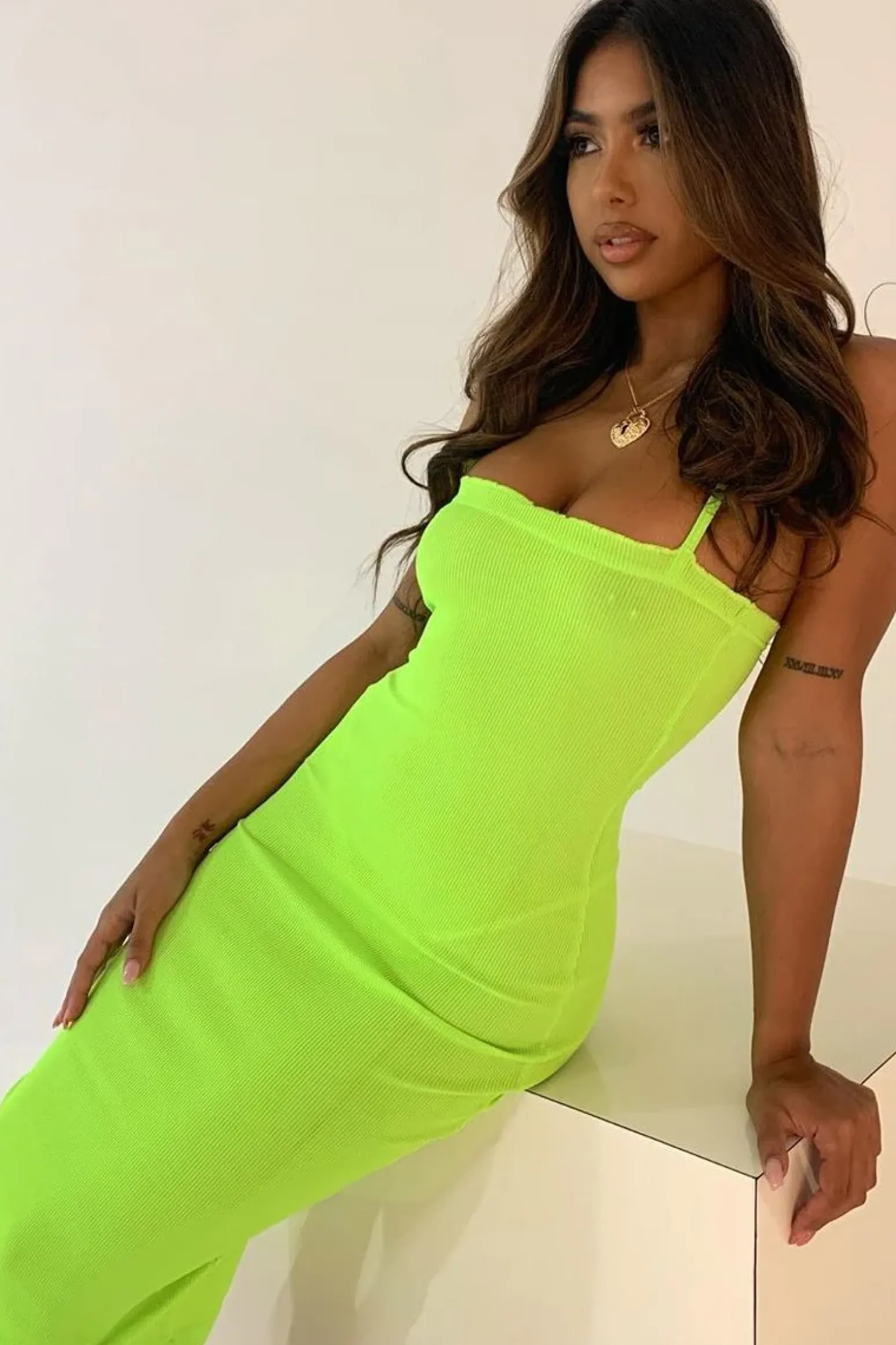 Rebellious Fashion Lime Ribbed Frill Edge Midi Dress - Aalani
