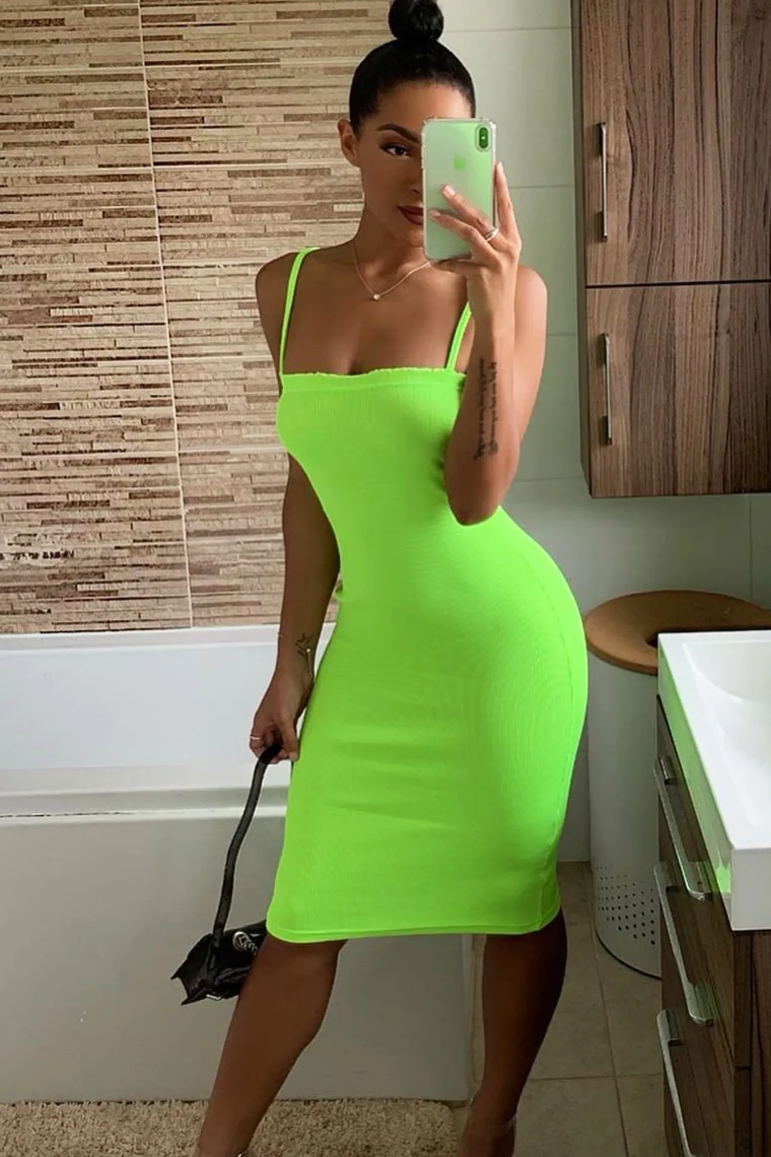 Rebellious Fashion Lime Ribbed Frill Edge Midi Dress - Aalani