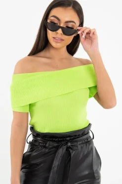 Rebellious Fashion Lime Rib Knit Bardot Top - Gloria
