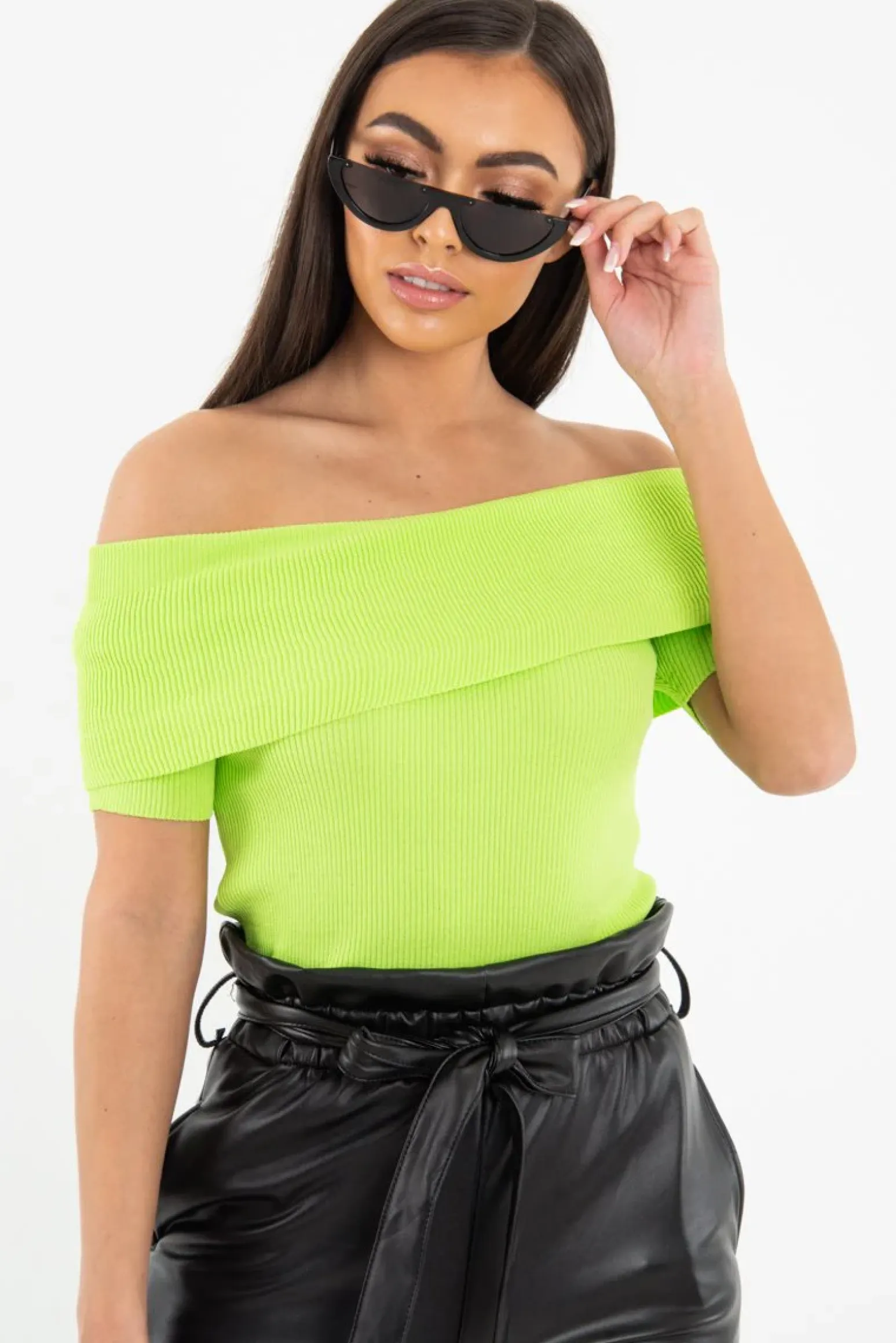 Rebellious Fashion Lime Rib Knit Bardot Top - Gloria