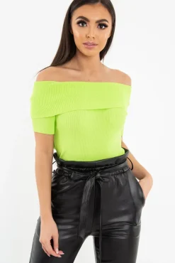 Rebellious Fashion Lime Rib Knit Bardot Top - Gloria