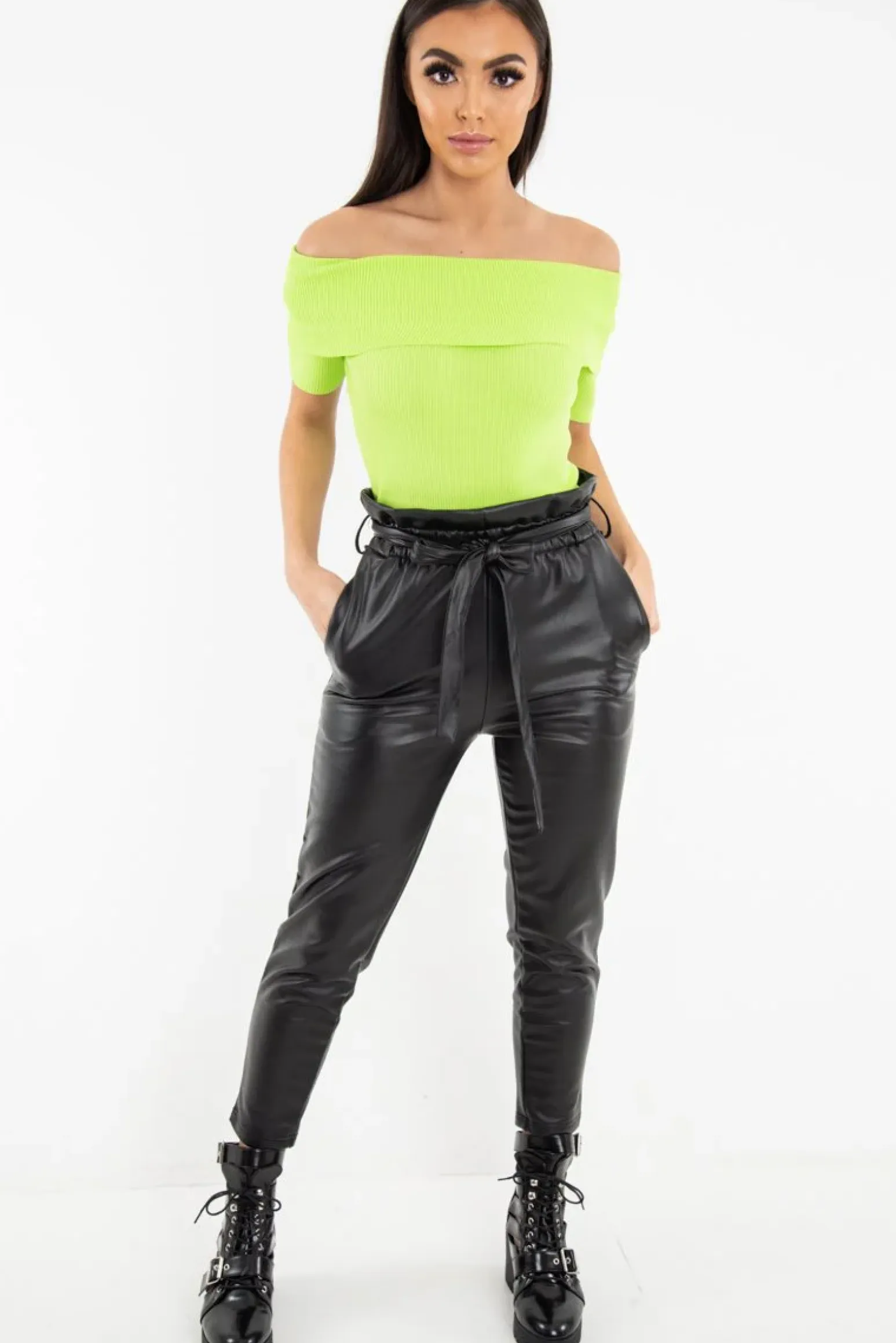 Rebellious Fashion Lime Rib Knit Bardot Top - Gloria