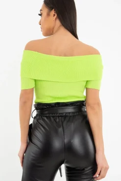 Rebellious Fashion Lime Rib Knit Bardot Top - Gloria