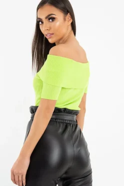 Rebellious Fashion Lime Rib Knit Bardot Top - Gloria