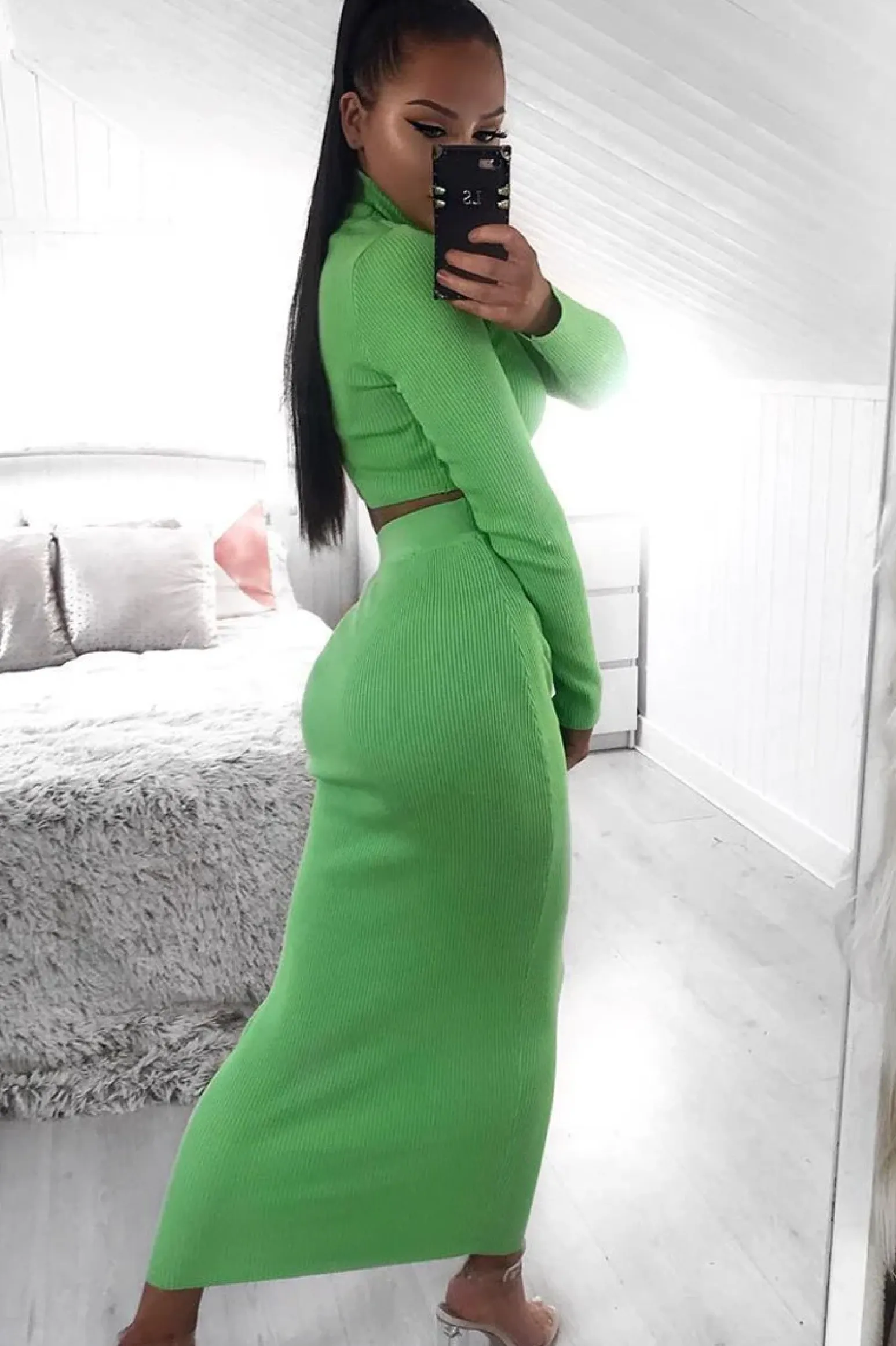Rebellious Fashion Lime Rib Knitted Midi Skirt - Kloey