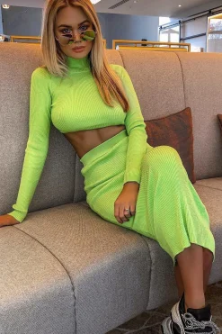 Rebellious Fashion Lime Rib Knitted Midi Skirt - Kloey