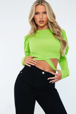Rebellious Fashion Lime Rib Puff Sleeves Cut Out Hem Crop Top - Marley