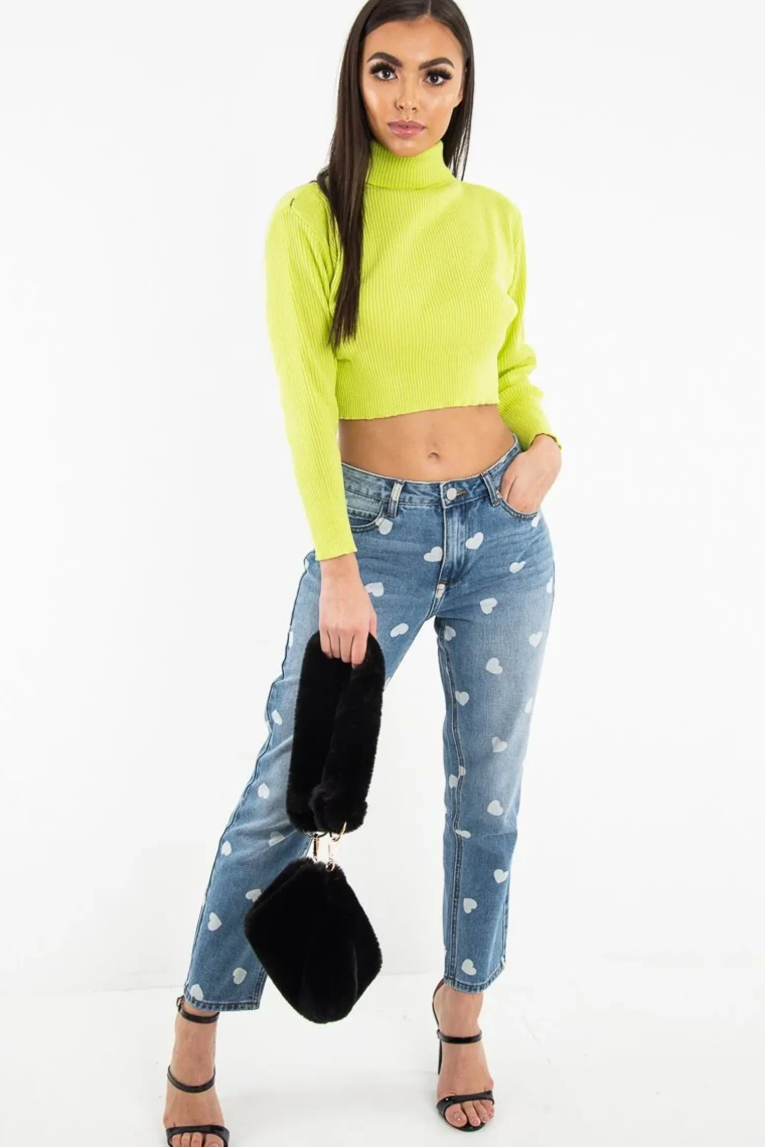 Rebellious Fashion Lime Rib Roll Neck Crop Jumper - Hayvin