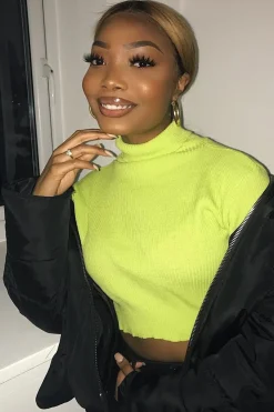 Rebellious Fashion Lime Rib Roll Neck Crop Jumper - Hayvin
