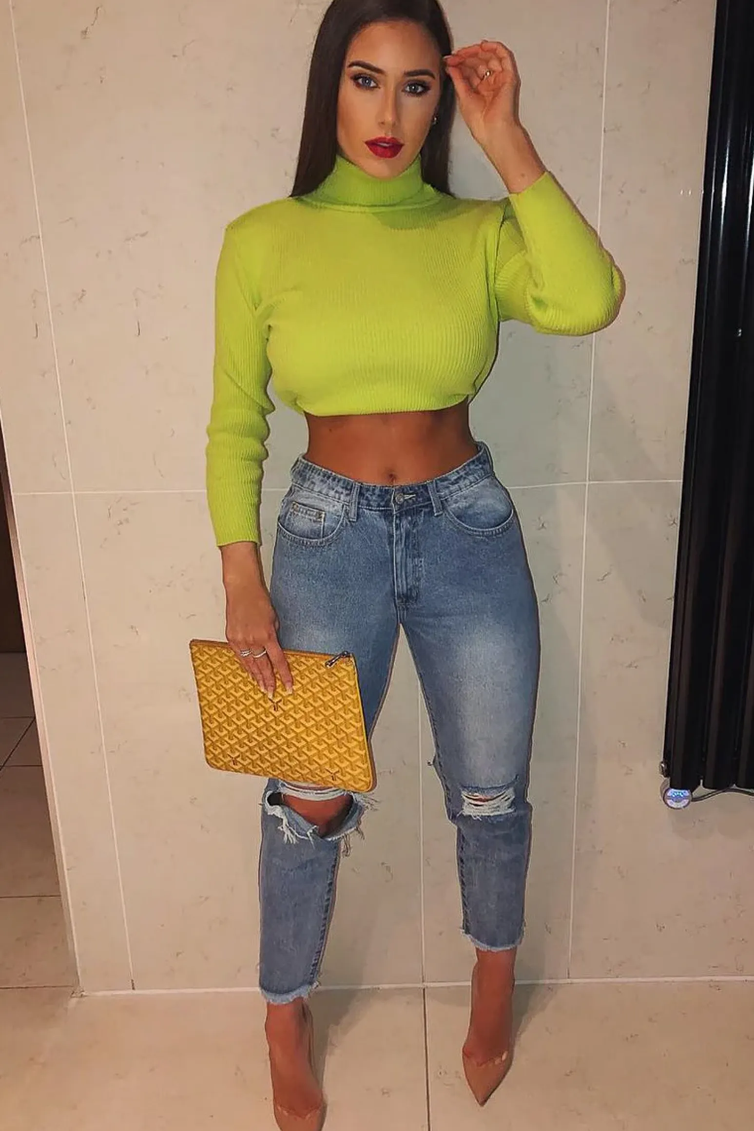Rebellious Fashion Lime Rib Roll Neck Crop Jumper - Hayvin