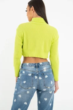 Rebellious Fashion Lime Rib Roll Neck Crop Jumper - Hayvin