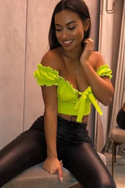 Rebellious Fashion Lime Ruffle Tie Front Bardot Crop Top - Pandora