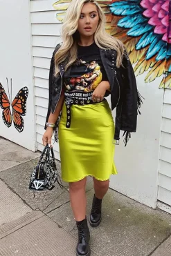 Rebellious Fashion Lime Satin High Waist Floaty Midi Skirt - Dasha