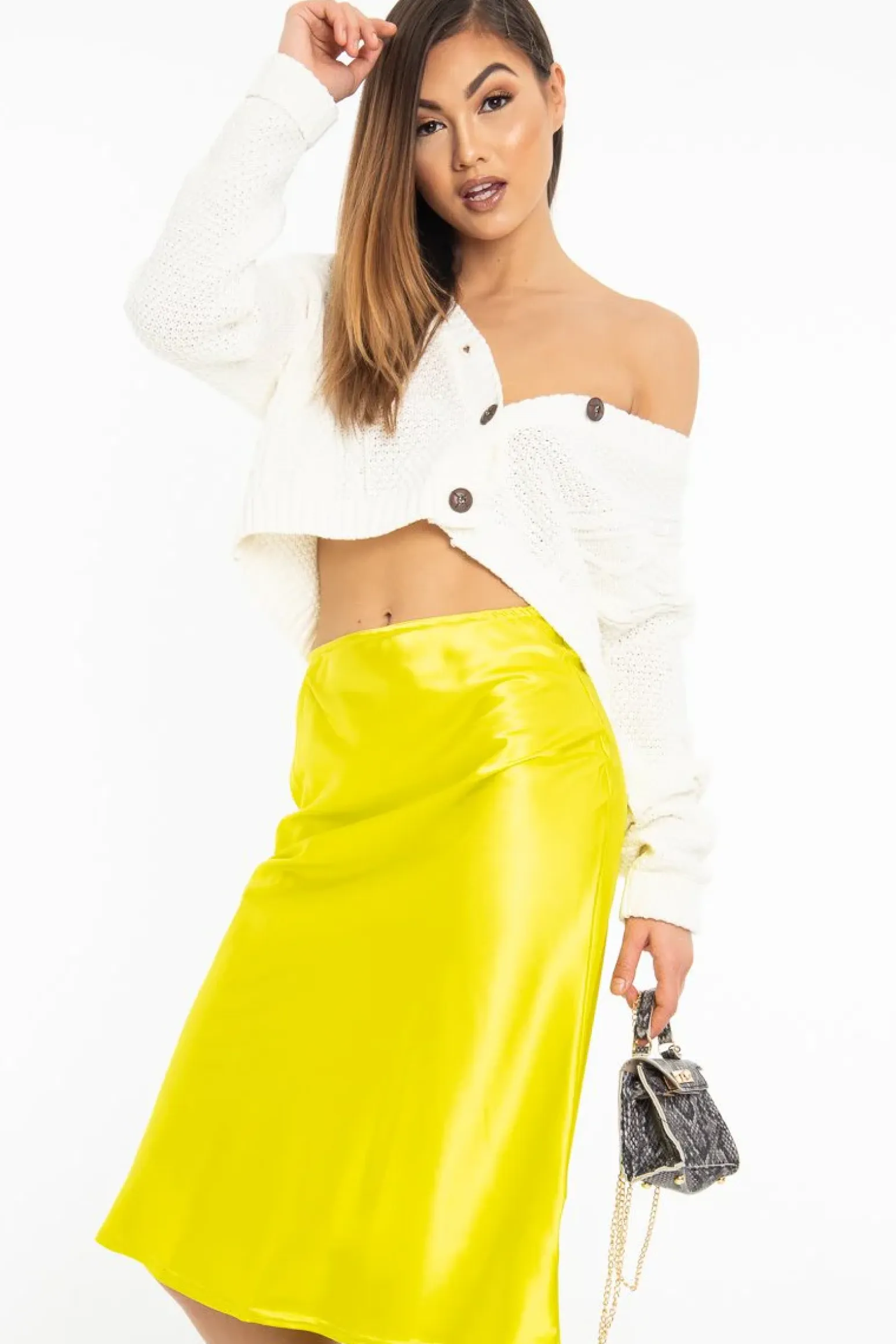 Rebellious Fashion Lime Satin High Waist Floaty Midi Skirt - Dasha
