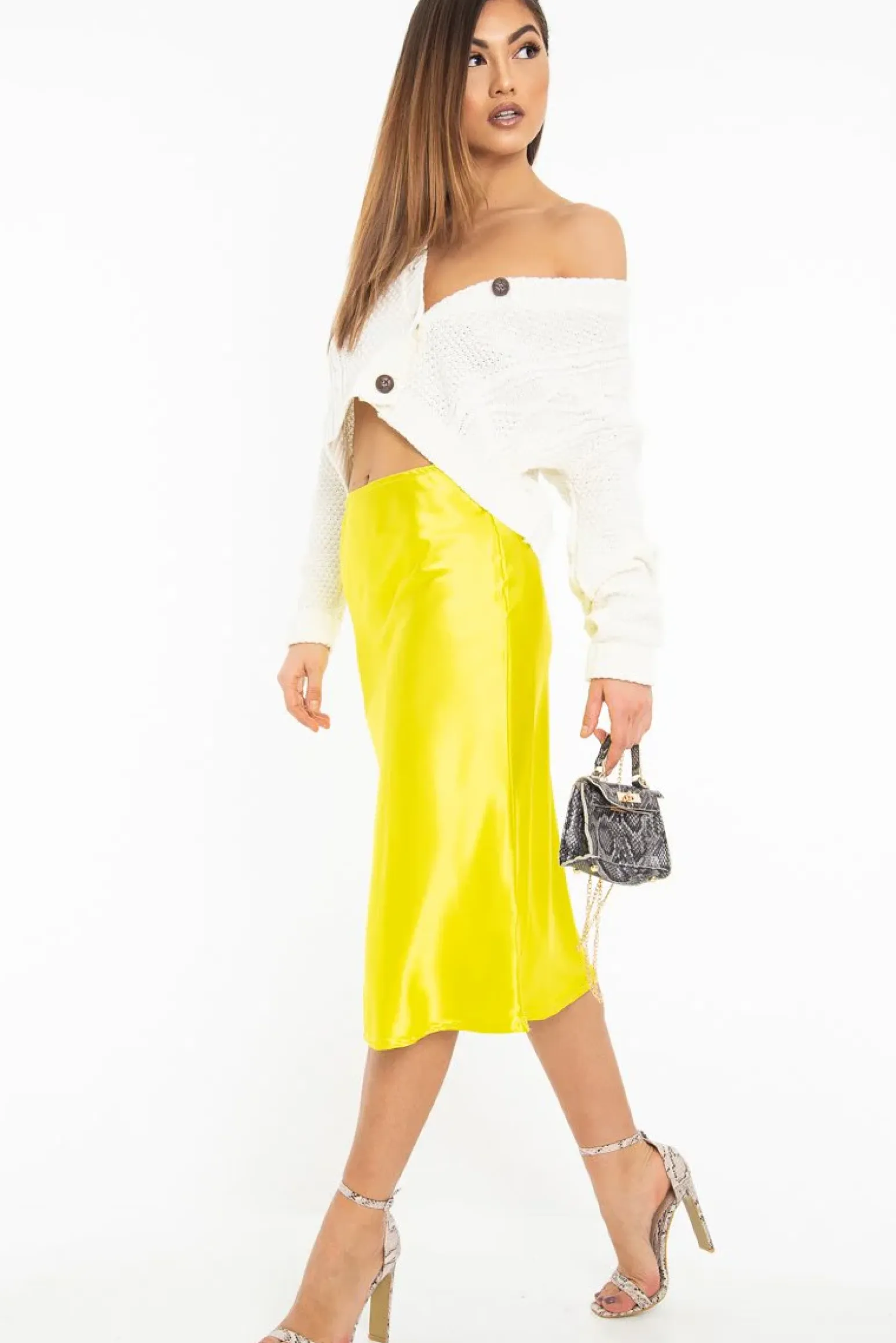 Rebellious Fashion Lime Satin High Waist Floaty Midi Skirt - Dasha