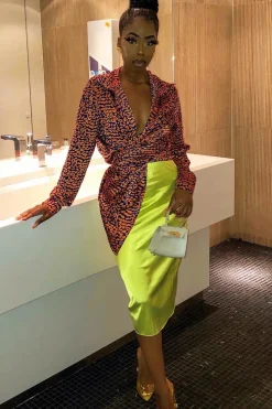 Rebellious Fashion Lime Satin High Waist Floaty Midi Skirt - Dasha