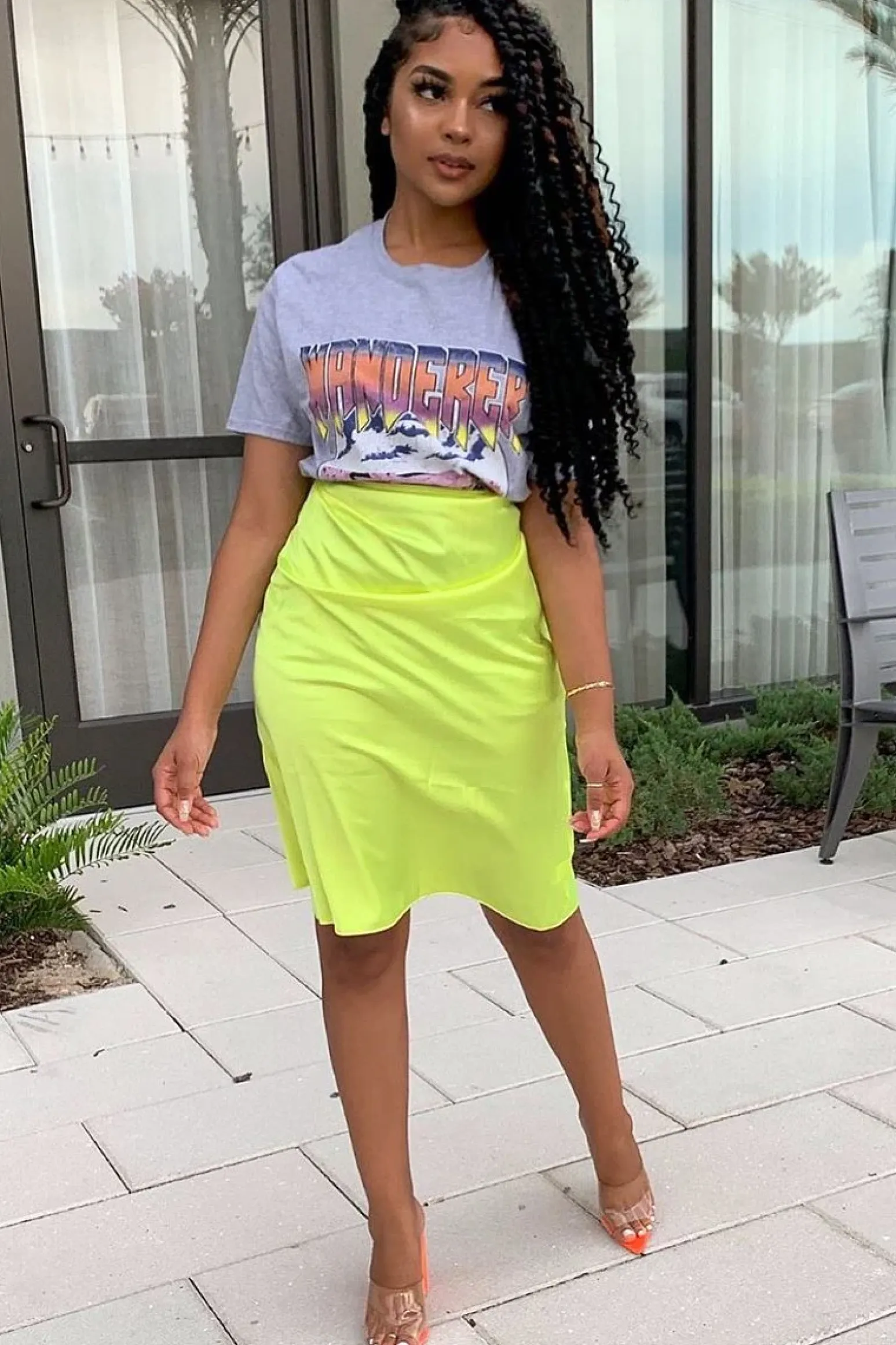 Rebellious Fashion Lime Satin High Waist Floaty Midi Skirt - Dasha