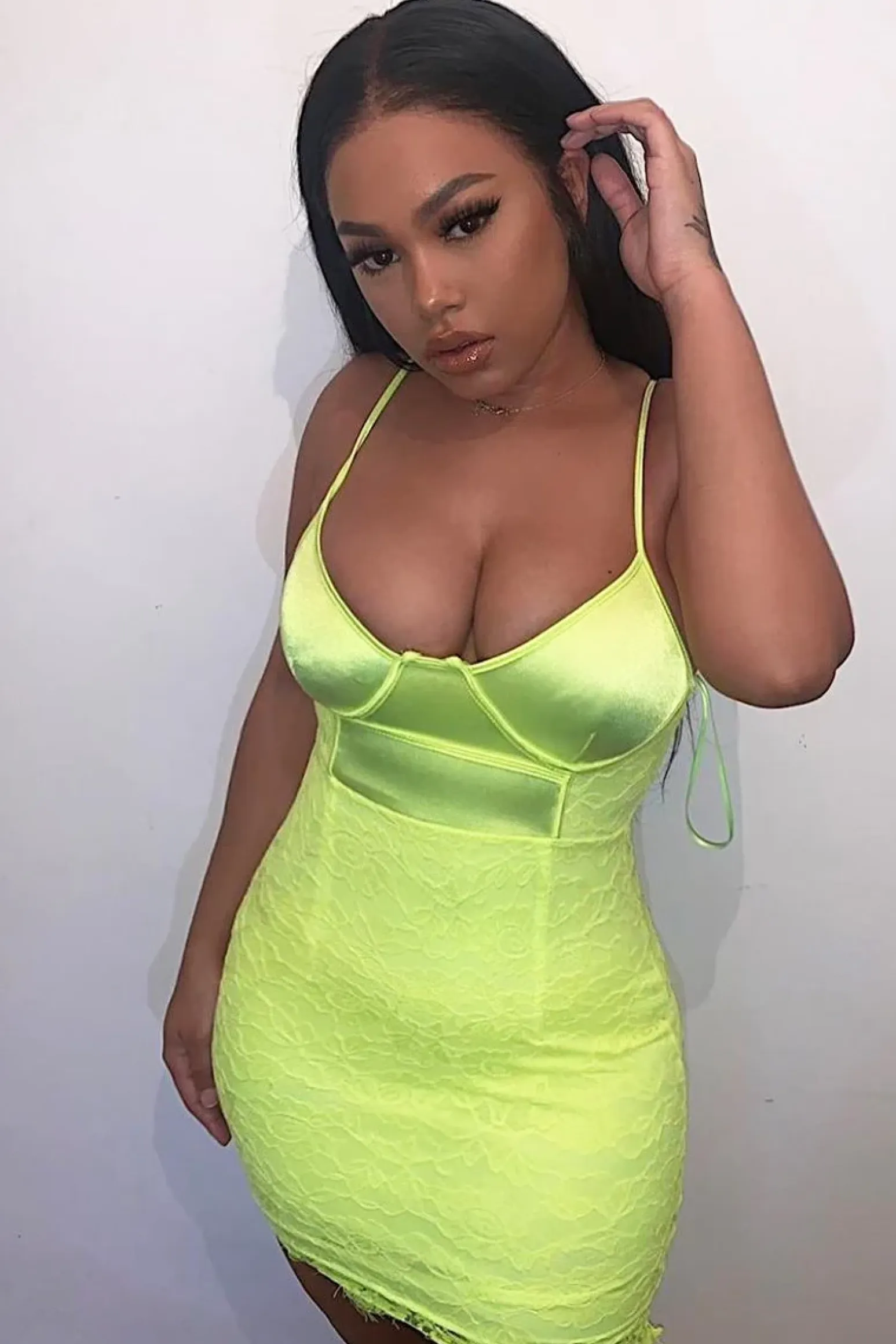 Rebellious Fashion Lime Satin Lace Insert Bodycon Mini Dress - Cashlyn