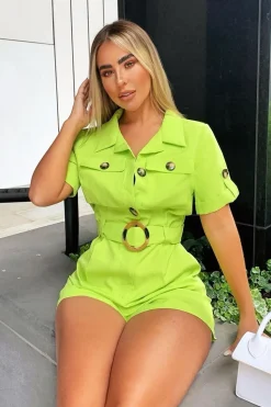 Rebellious Fashion Lime Short Sleeve Button Front Resin Belted Playsuit - Caasi