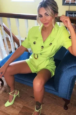 Rebellious Fashion Lime Short Sleeve Button Front Resin Belted Playsuit - Caasi