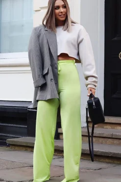 Rebellious Fashion Lime Slinky Tie Detail Wide Leg Trousers - Jenelle