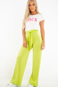Rebellious Fashion Lime Slinky Tie Detail Wide Leg Trousers - Jenelle