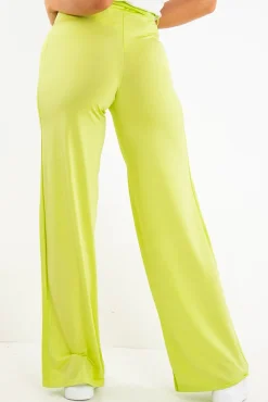 Rebellious Fashion Lime Slinky Tie Detail Wide Leg Trousers - Jenelle