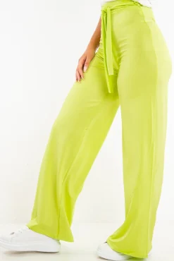 Rebellious Fashion Lime Slinky Tie Detail Wide Leg Trousers - Jenelle