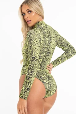 Rebellious Fashion Lime Snake Print High Neck Long Sleeve Bodysuit - Evanna