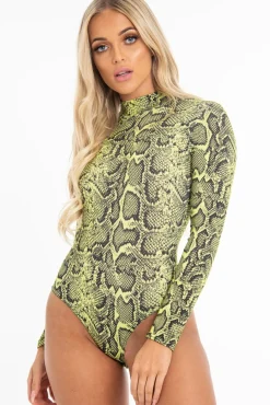 Rebellious Fashion Lime Snake Print High Neck Long Sleeve Bodysuit - Evanna