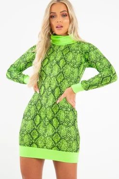 Rebellious Fashion Lime Snake Print Roll Neck Mini Jumper Dress - Azani