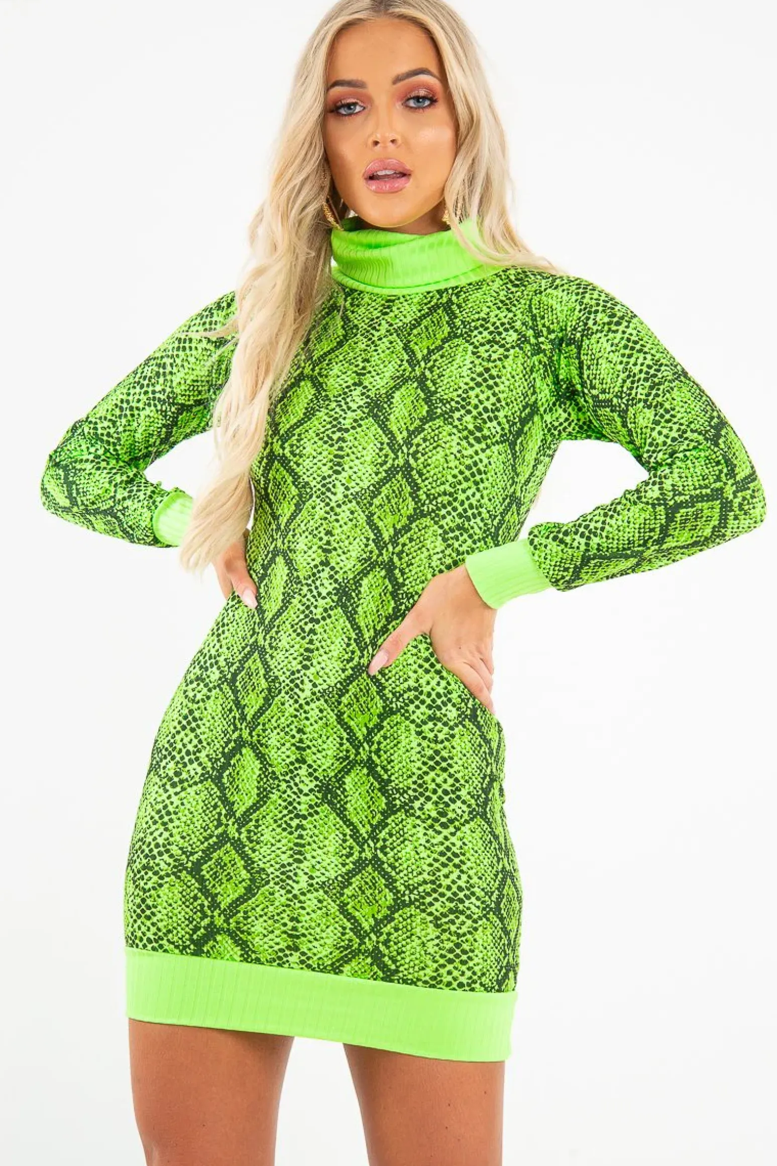 Rebellious Fashion Lime Snake Print Roll Neck Mini Jumper Dress - Azani