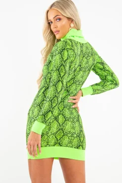 Rebellious Fashion Lime Snake Print Roll Neck Mini Jumper Dress - Azani