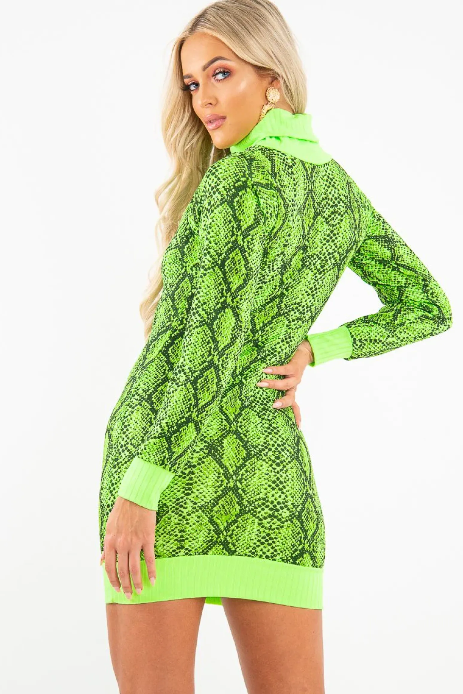 Rebellious Fashion Lime Snake Print Roll Neck Mini Jumper Dress - Azani