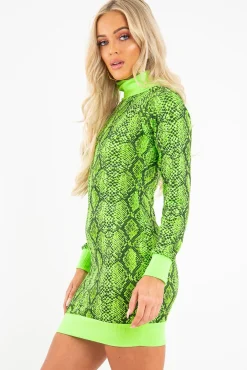 Rebellious Fashion Lime Snake Print Roll Neck Mini Jumper Dress - Azani