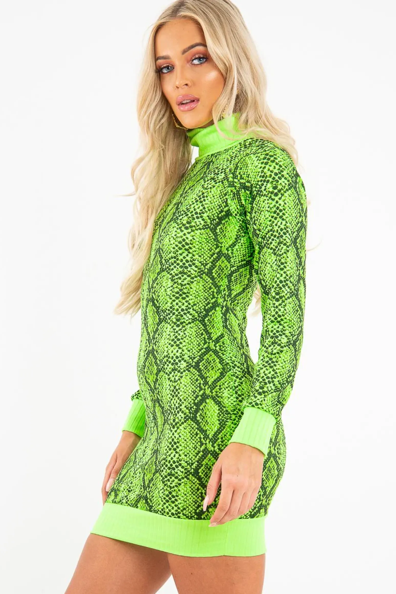 Rebellious Fashion Lime Snake Print Roll Neck Mini Jumper Dress - Azani
