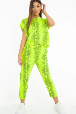 Rebellious Fashion Lime Snake Print Short Sleeve Sweatshirt and Jogger Set - Aaliyan