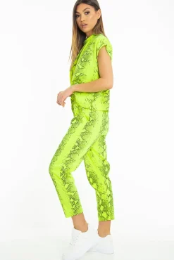 Rebellious Fashion Lime Snake Print Short Sleeve Sweatshirt and Jogger Set - Aaliyan